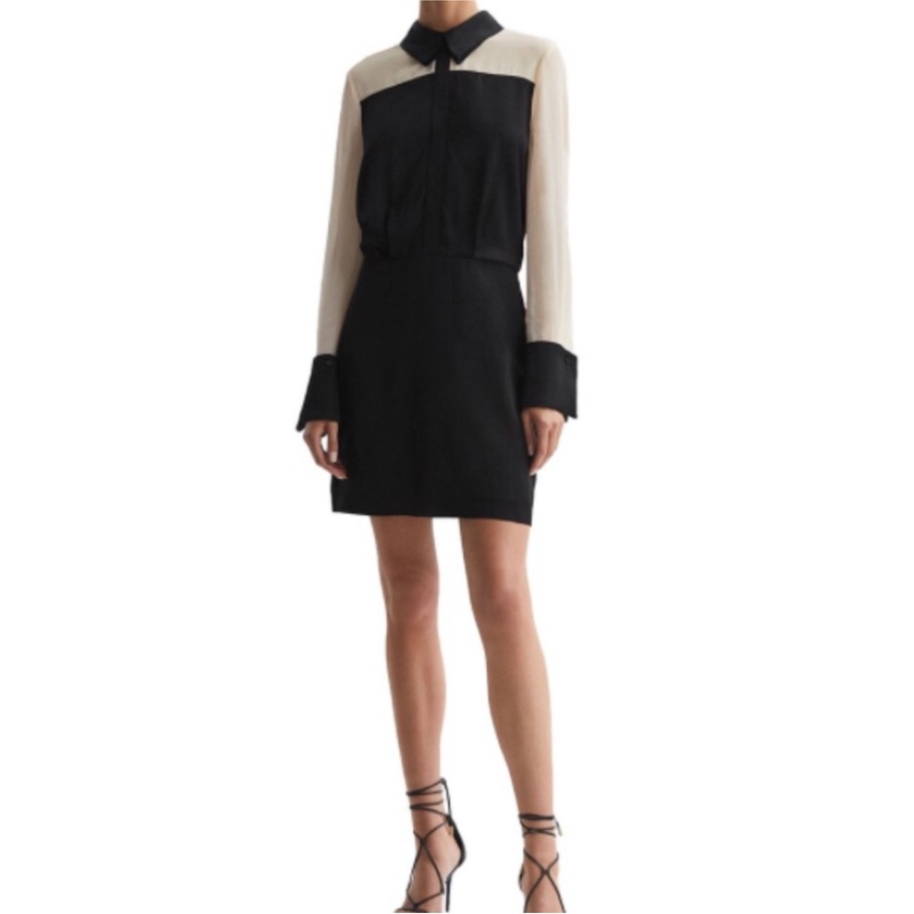 Reiss Veneto Color Block Midi Satin Sheer Long Sleeve Shirt Dress size 6